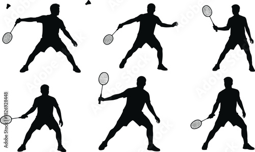 Badminton player silhouette collection, vector sports illustration, male athlete in action, shuttlecock and racket poses for fitness, competition, design