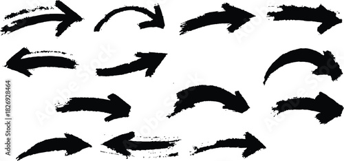 Collection of hand-drawn, textured arrows. Set of hand-drawn, textured arrows in various styles. Set of arrows on a white background.