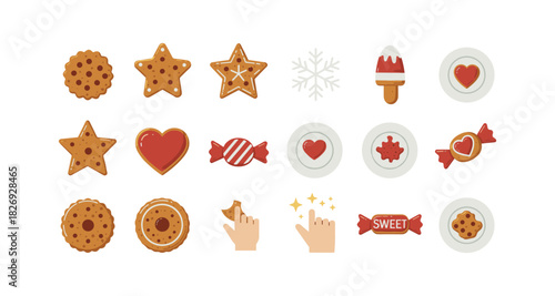 Festive cookie and sweet icons set with hand gestures