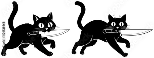 Two black cats, each holding a knife in its mouth, walking with a mischievous expression