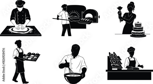 Bakery workers, bread making, cake decorating, pastry chef, bakery shop, baking bread, dough kneading, oven baking, professional baker