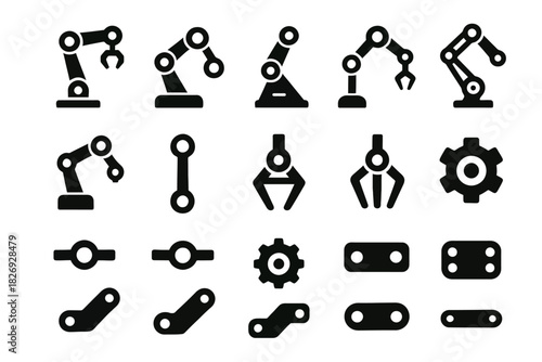 Industrial robot arm icons set: assembly, machinery, automation, robotics, engineering