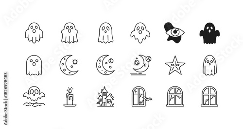 Minimalist halloween icons: ghosts, moons, stars, haunted house, and windows