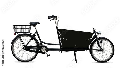 Black Cargo Bicycle with Large Front Box and Rear Rack, Urban Delivery Transport Vehicle Side View, Flat Vector Art, isolated on white background