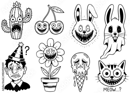 Collection of creepy and quirky black and white cartoon characters, including a cactus, cherries, and bunnies