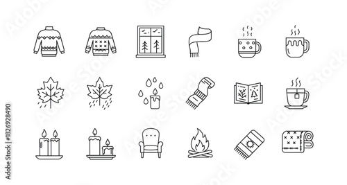 Cozy winter essentials in simple line art style