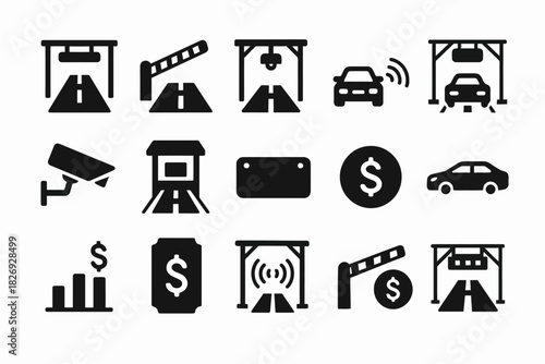 Toll booth and payment icons - black and white symbol set
