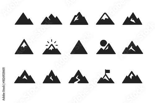 Mountain icon set: minimalist black silhouettes of peaks and summits
