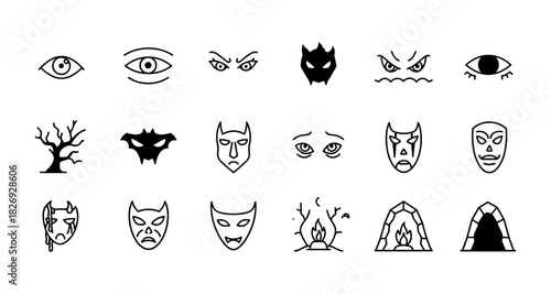Mystical mask and eye icons collection: linear halloween symbols and elements