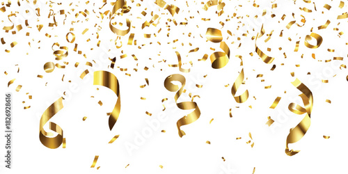 Golden confetti falling transparent background. Festive golden confetti and ribbons celebration background design. Gold confetti and streamers celebration background. 
