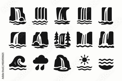 Set of waterfall and nature icons with waves, clouds, and sun symbols