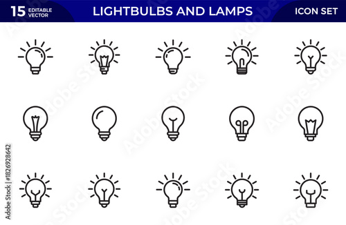 Lightbulbs And Lamps Line Icons Set. Suitable for Web Sites, Books, Cards, Apps.. Thin outline icons pack. Vector illustration