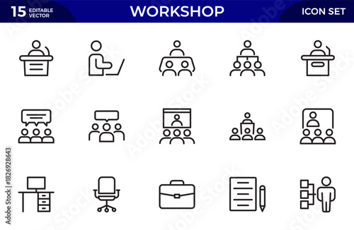 Workshop line icon set. Business Workshop icons for web and mobile app. Containing team building, teamwork, coaching, meeting, motivation. Thin outline icons pack. Vector illustration