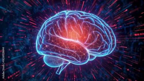 A luminous brain model showcasing artificial intelligence is surrounded by dynamic, colorful particles in a dark environment, merging technology with creativity.