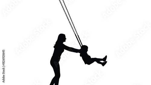 Silhouette of mother pushing happy child on swing set chains, joyful outdoor playtime activity, simple black vector art design, isolated on white background