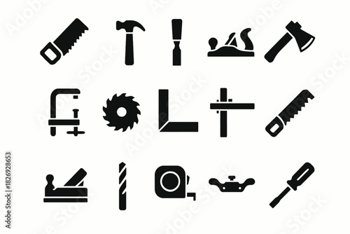Set of black silhouette hand tools: saw, hammer, chisel, plane and more icons
