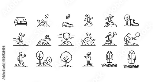 Autumn activities: minimalistic line art illustrations of hiking, running, and nature
