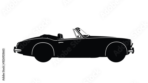 Classic British Roadster Convertible Sports Car Silhouette Side View, Vintage Automobile Iconography, Minimalist Black and White Vector Art, Logo Design, isolated on white background