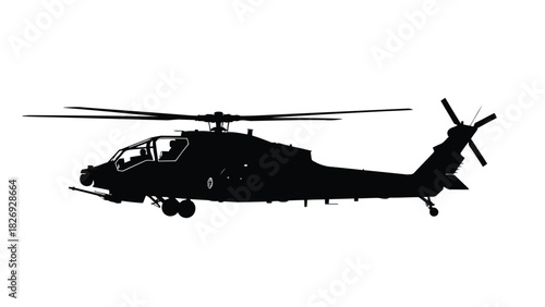 Black silhouette of a powerful military attack helicopter with main and tail rotors, landing gear, and front-mounted weapon system, vector art, flat style, isolated on white background