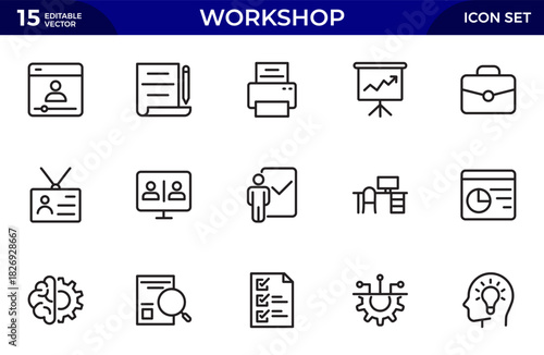 Workshop line icon set. Business Workshop icons for web and mobile app. Containing team building, teamwork, coaching, meeting, motivation. Thin outline icons pack. Vector illustration