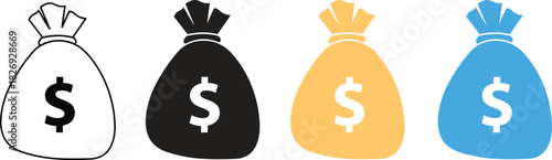 Money bags with dollar signs representing wealth and financial growth vector icons. Money bag icon duo outline and filled styles perfect for banking, savings, finance apps, logos, and web design.
