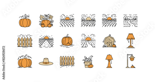 Minimal autumn icons: pumpkins, sunsets, and rustic elements in linear style