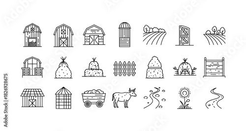 Linear farm icons set: barns, haystacks, cattle, and rural landscapes