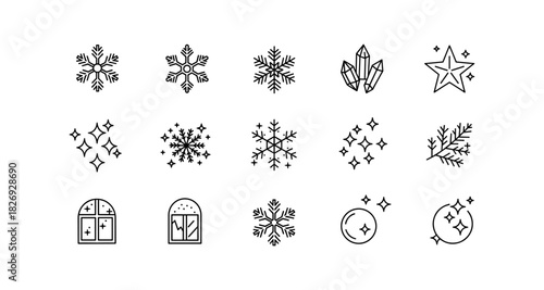 Winter icons collection featuring snowflakes, crystals, stars, and winter windows in simple line art style