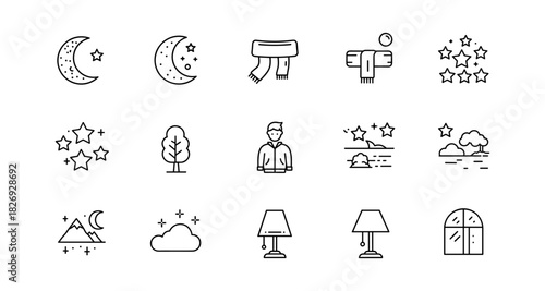 Winter and nighttime icons in minimalist linear style