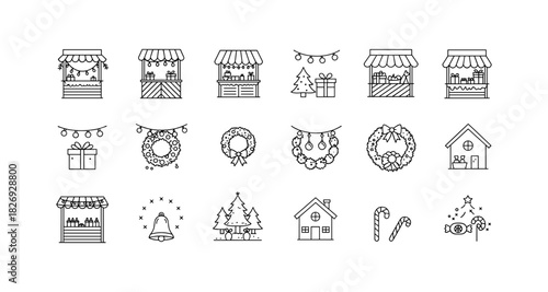 Festive market icons: linear christmas booths, wreaths, and decorations