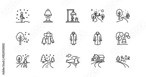 Linear winter icons set featuring outdoor activities and cozy home interiors