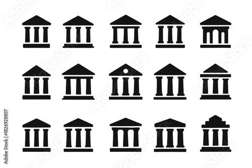 Set of various bank building icons representing financial institutions