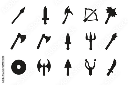 Collection of medieval weapon silhouettes: axes, swords, spears, bows, daggers, shields