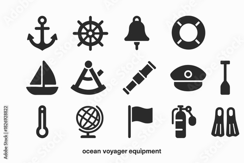 Marine navigation icons: anchor, sextant, ship wheel, lifebuoy, telescope set