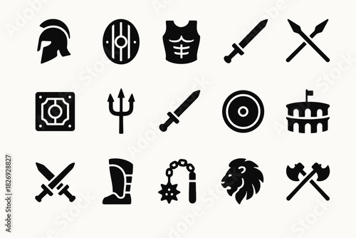 Ancient roman gladiator icons set featuring swords helmets and armor