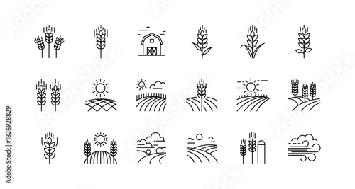 Minimalist linear farm and wheat icons for agricultural design projects