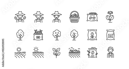 Farming and agriculture outlined icons set featuring crop cultivation and harvesting elements
