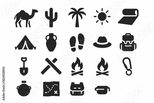 Desert adventure icons: camping, hiking, travel symbols in black silhouette set