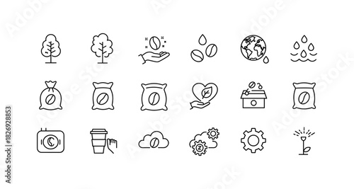 Coffee production and sustainability line icons set for eco-friendly concepts