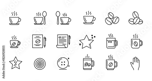 Minimalist coffee icons set: cups, beans, stars, and more