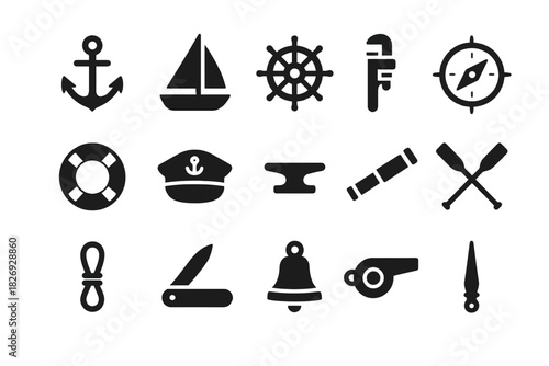 Nautical icons collection: compass, anchor, sailboat, steering wheel, telescope