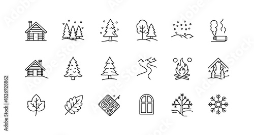 Minimalist nature icons collection: trees, cabins, and seasonal elements in line art style