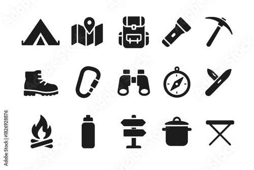 Camping equipment icons including tent map backpack flashlight