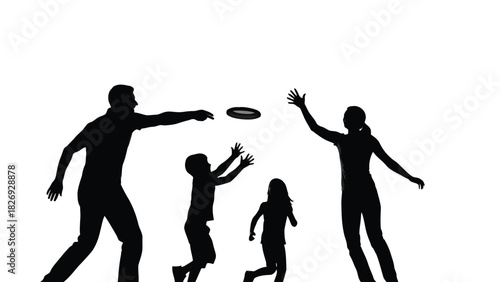 Silhouette of happy family playing frisbee game outdoors, father throwing disc to mother and children, active summer recreation, flat vector art, isolated on white background