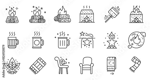 Cozy winter icons collection featuring fireplace, hot drinks, and warm textiles in linear style
