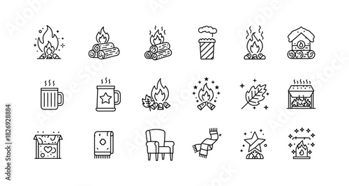 Cozy line icons: fireplaces, hot drinks, and winter comforts in minimal style