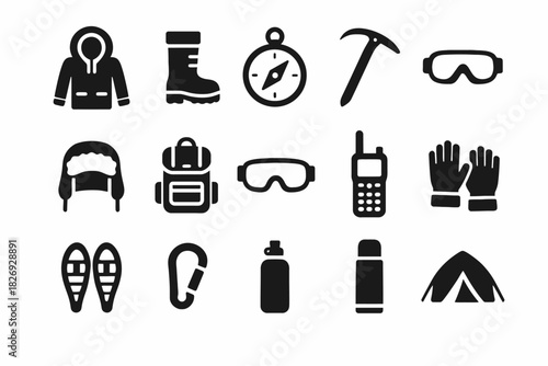 Essential winter hiking icons: gear and equipment for adventure