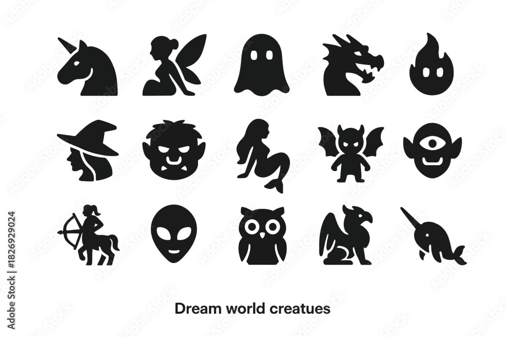 Naklejka premium Silhouette icons of fantasy creatures and mythical beings
