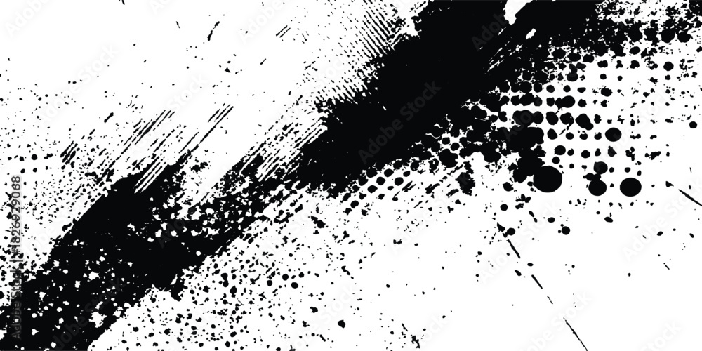 Naklejka premium Halftone splattered dots overlay in monochrome clay digital design. Black and white abstract brush strokes with dots and grunge texture creating urban distressed composition.