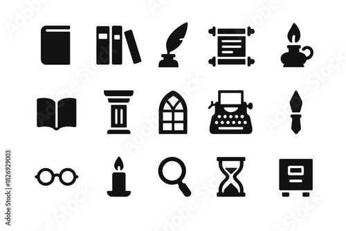 Set of vintage library icons: books, quill, scroll, typewriter, and more